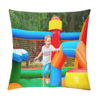 Personality  Happy Excited Boy Having Fun On Inflatable Attraction Playground Pillow Covers