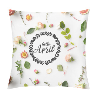 Personality  HELLO APRIL Lettering Surrounded With Pink Flowers, Petals And Figs Isolated On White Pillow Covers