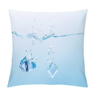 Personality  Transparent Pure Water With Splash And Ice Cubes On Blue Background Pillow Covers