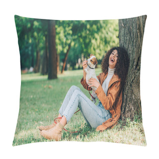 Personality  Selective Focus Of Laughing Woman In Raincoat Playing With Jack Russell Terrier In Park  Pillow Covers