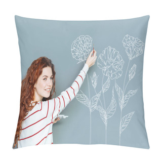 Personality  Cheerful Woman Smiling While Drawing A Flower Pillow Covers