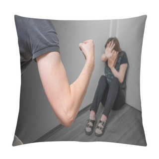 Personality  Domestic Violence Concept. Jealous Husband Is Abusing His Wife A Fist. Pillow Covers