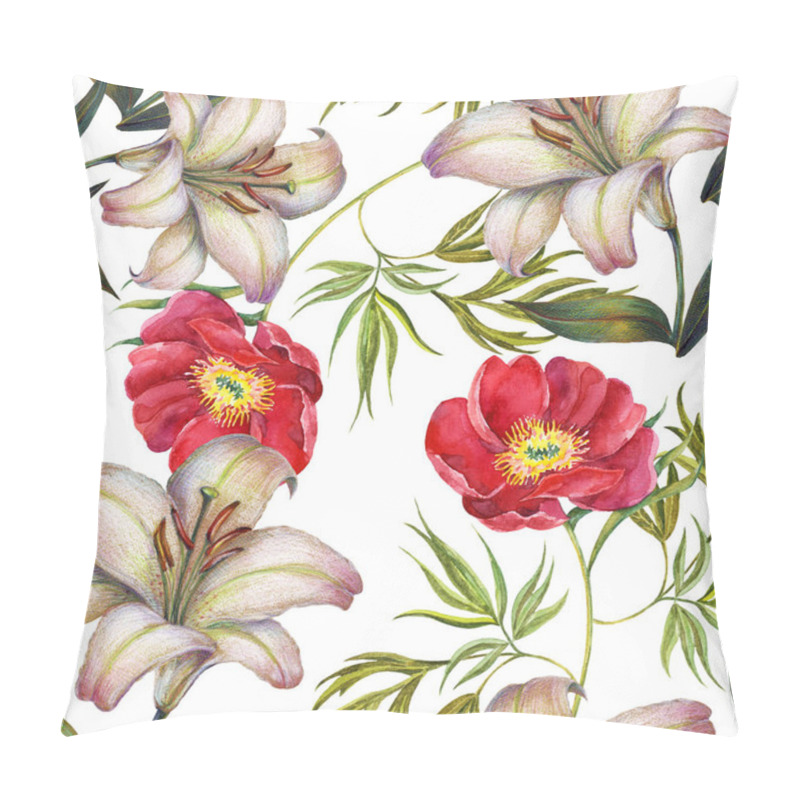 Personality  Watercolor Red Peony With White Lily. Floral Seamless Pattern On A White Background. Pillow Covers