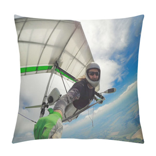 Personality  Brave Hang Glider Pilot Takes Selfie While Flying High Above Ground. Unusual Shot Of Extreme Sport With Action Camera. Pillow Covers