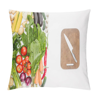 Personality  Flat Lay With Ripe Autumn Vegetables And Wooden Cutting Board With Knife Isolated On White Pillow Covers