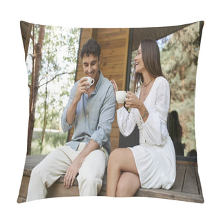 Personality  Happy Man And Woman Holding Cups Of Morning Coffee, Couple Laughing On Porch Of Vacation House Pillow Covers