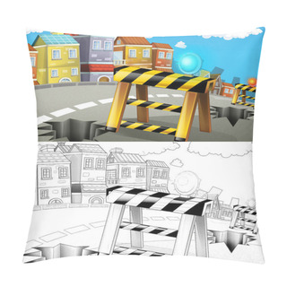 Personality  Cartoon Sketch Scene Buildings Near The Street - Beautiful Day - Illustration For Children Pillow Covers