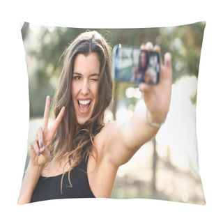 Personality  Beautiful Young Woman Selfie In The Park  Pillow Covers