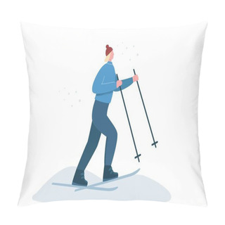 Personality  Female In Sports Winter Clothing Skiing On Snow Isolated On White Background Pillow Covers