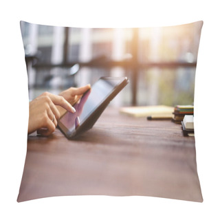 Personality  Woman Pointing On Digital Tablet Screen, Chatting In Social Netw Pillow Covers