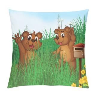 Personality  Two Young Bears Near A Wooden Mailbox Pillow Covers