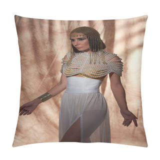 Personality  Attractive Woman With Bold Makeup Posing In Egyptian Costume And Pearl Top On Abstract Background Pillow Covers