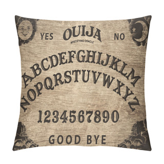 Personality  Planchette Of Ouija Board On Wooden Texture. Poster With Game Of Ghosts. Halloween Play With Calling Souls And Demons. Party Poster. Graphic, Typography, Alphabet, Letters, Numbers. Pillow Covers