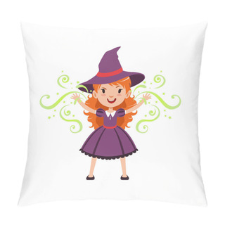 Personality  Red-haired Girl Witch Wearing Purple Dress And Hat. Kid Character In Costume Surrounded With Black Silhouettes Of Skulls. Trick Or Treat Concept. Vector Flat Cartoon Illustration. Pillow Covers
