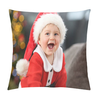 Personality  Kid Wearing Santa Claus Costume Looking At You On A Couch At Home In Christmas Pillow Covers