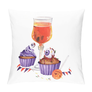 Personality  Watercolor Holiday Composition And Cocktail, Cupcakes And Lollipop And Flags. Illustration For Design On The Theme Of Halloween Or Themed Parties. Pillow Covers