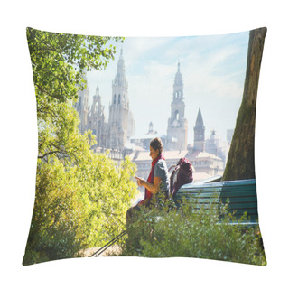 Personality  Tourist Woman On Pilgrimage At Santiago De Compostela With Phone Pillow Covers