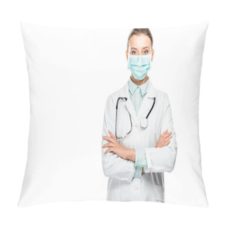 Personality  Female Doctor In Medical Mask With Stethoscope Over Neck Standing With Crossed Arms Isolated On White Pillow Covers