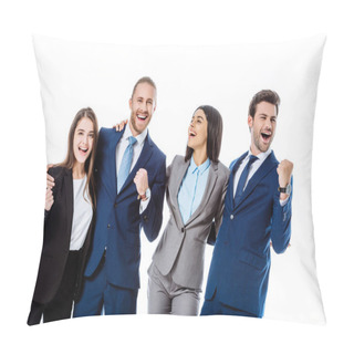 Personality  Happy Multicultural Business People In Suits Laughing And Showing Yes Gestures Isolated On White Pillow Covers
