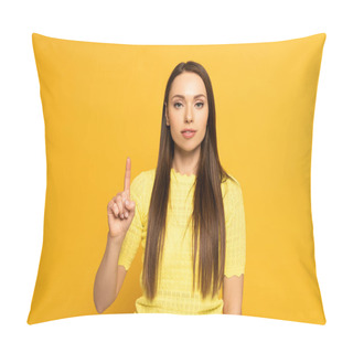 Personality  Attractive Girl Pointing With Finger On Yellow Background Pillow Covers