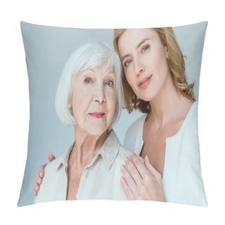Personality  Daughter Hugging Smiling Mother And Looking At Camera Isolated On Grey  Pillow Covers