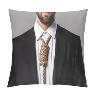 Personality  Partial View Of Depressed Businessman In Black Suit With Noose On Neck Isolated On Grey Pillow Covers