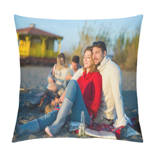 Personality  Portrait Of Young Couple Having Fun On Beach During Autumn Sunny Day Pillow Covers