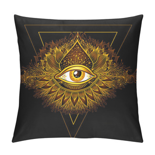 Personality  Abstract Symbol Of All-seeing Eye In Boho Eastern  Ethnic Style Gold On Black For Decoration T-shirt Or For Computer Game. Concept Magic Occultism Esoteric Pillow Covers