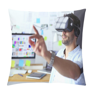 Personality  Young Male Software Programmer Testing A New App With 3d Virtual Reality Glasses In Office. Pillow Covers