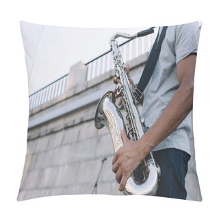 Personality Cropped View Of African American Man Playing Saxophone Performing On Sunny City Street Pillow Covers