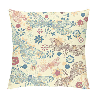 Personality  Vector Seamless Pattern With Dragonflies And Flowers Pillow Covers