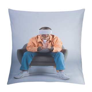 Personality  A Man In A Chair Wearing A Blindfold, Lost In Virtual World With A VR Headset, In A Studio. Pillow Covers