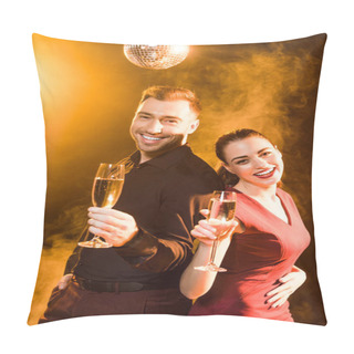 Personality  Happy Couple Toasting With Glasses Of Champagne While Looking At Camera Under Golden Light Pillow Covers