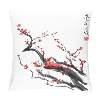 Personality  Sakura, Cherry Blossom Plum Chinese Brush PaintingRed Cherry Blossom Chinese Brush Painting Pillow Covers