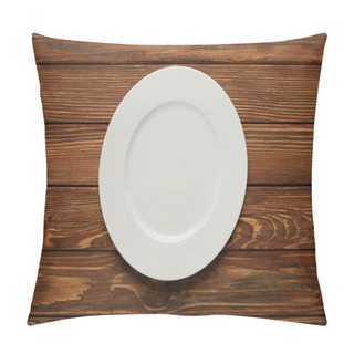 Personality  Top View Of White Empty Plate On Wooden Background Pillow Covers