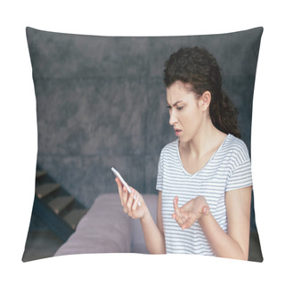 Personality  Irritated Woman In T-shirt Using Smartphone In Living Room Pillow Covers