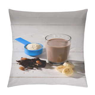 Personality  Glass Of Protein Shake With Almond, Banana And Chocolate On White Wooden Table Pillow Covers