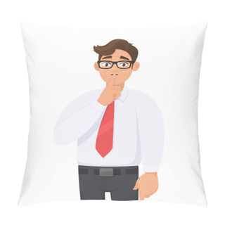 Personality  Portrait Of Young Handsome Businessman Making Shh Gesture, Keeping Secret Or Asking Silence With Finger On Lips. Keep Quiet! Shh! Silence Please! Against White Background In Cartoon Illustration. Pillow Covers
