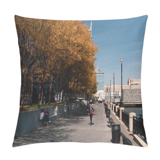 Personality  NEW YORK, USA - OCTOBER 11, 2022: Autumn Trees On Hudson River Waterfront Walkway At Daytime  Pillow Covers