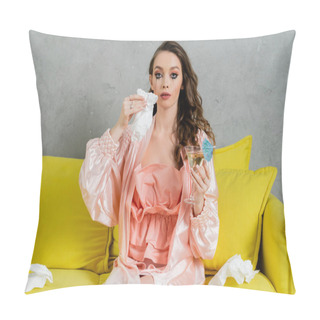 Personality  Emotional Stress, Sad Woman With Smudged Mascara Sitting On Yellow Couch, Housewife With Crying Eyes Holding Napkin And Cocktail, Feeling Lonely And Depressed, Heartbroken Wife At Home  Pillow Covers