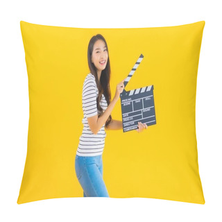 Personality  Portrait Beautiful Young Asian Woman Show Clapper Movie Board On Yellow Isolated Background Pillow Covers