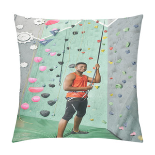Personality  Cheerful African American Man Standing On Crash Pad Using Climbing Rope And Smiling At Camera Pillow Covers