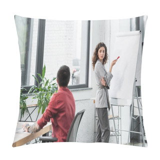 Personality  Account Manager Standing Near Flipchart And Talking With Colleague  Pillow Covers