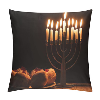 Personality  Close Up View Of Traditional Sweet Doughnuts And Menorah With Candles On Black Background, Hannukah Holiday Concept Pillow Covers