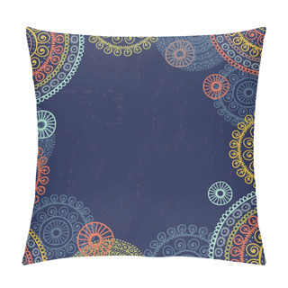 Personality  Hand Drawn  Ethnic Frame In Blue Tones Pillow Covers