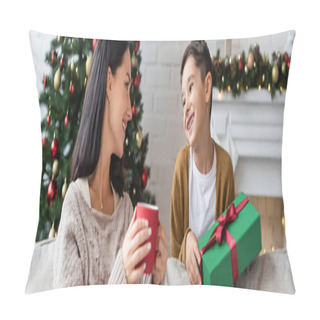 Personality  Happy Woman With Cup Of Warm Cocoa Looking At Cheerful Son With Christmas Present, Banner Pillow Covers