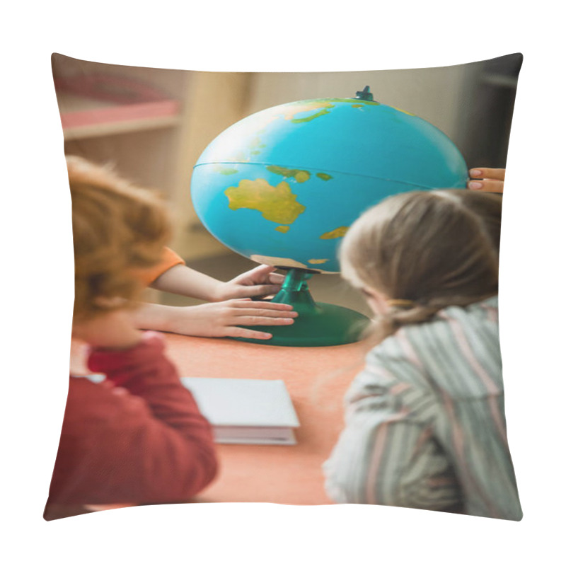 Personality  Back View Of Blurred Kids Near Globe In Montessori School Pillow Covers