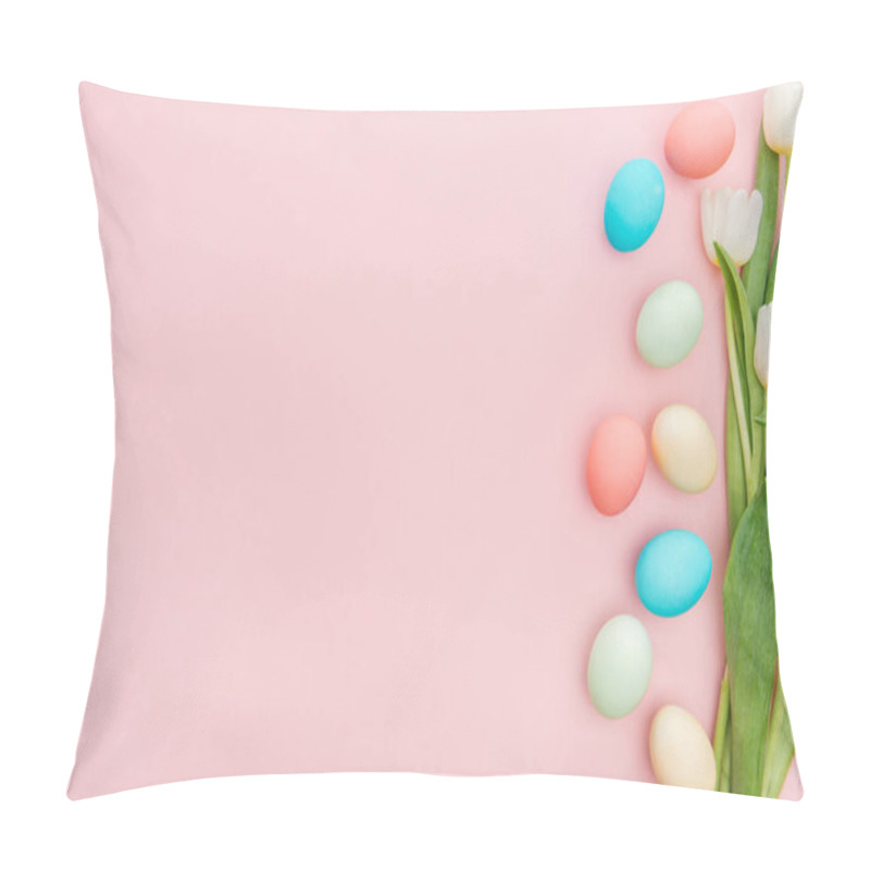 Personality  top view of tulip flowers and easter eggs isolated on pink with copy space pillow covers