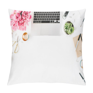 Personality  Workplace With Laptop. Flat Lay Composition Pillow Covers