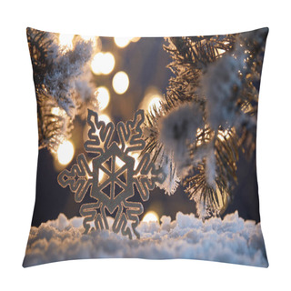 Personality  Close Up Of Decorative Snowflake With Spruce Branches In Snow With Blurred Christmas Lights  Pillow Covers